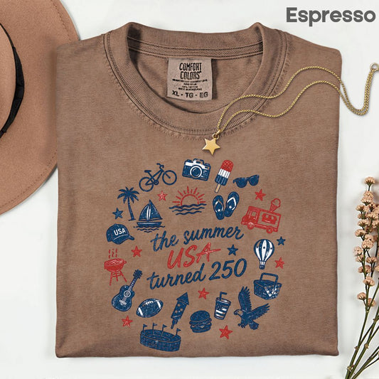 The Summer USA Turned 250 DTF Transfer Ready to Press Comfort Colors T Shirt Patriotic Summer Doodles Heat Stickers 1776 2026 Apparel