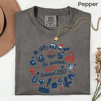 The Summer USA Turned 250 DTF Transfer Ready to Press Comfort Colors T Shirt Patriotic Summer Doodles Heat Stickers 1776 2026 Apparel