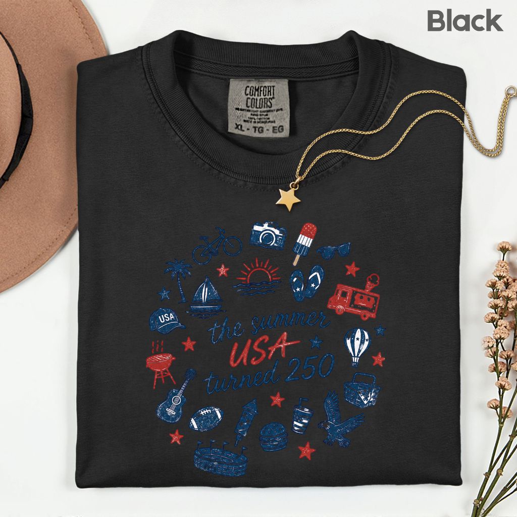 The Summer USA Turned 250 DTF Transfer Ready to Press Comfort Colors T Shirt Patriotic Summer Doodles Heat Stickers 1776 2026 Apparel