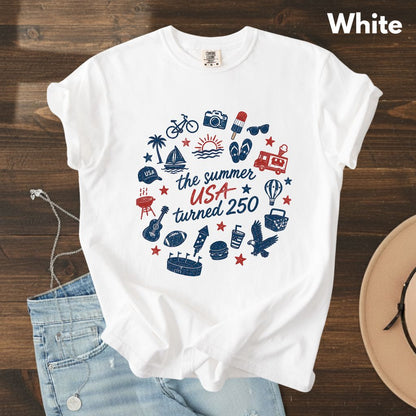 The Summer USA Turned 250 DTF Transfer Ready to Press Comfort Colors T Shirt Patriotic Summer Doodles Heat Stickers 1776 2026 Apparel