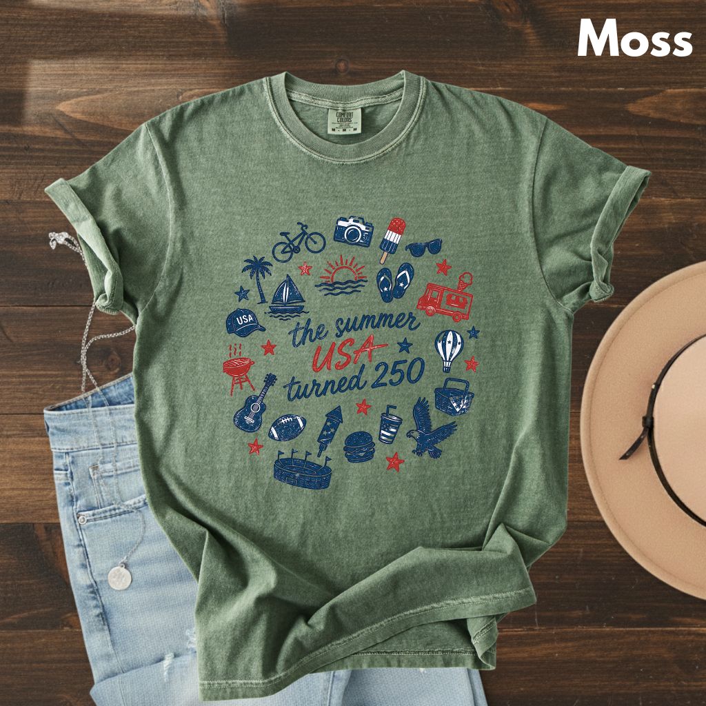 The Summer USA Turned 250 DTF Transfer Ready to Press Comfort Colors T Shirt Patriotic Summer Doodles Heat Stickers 1776 2026 Apparel