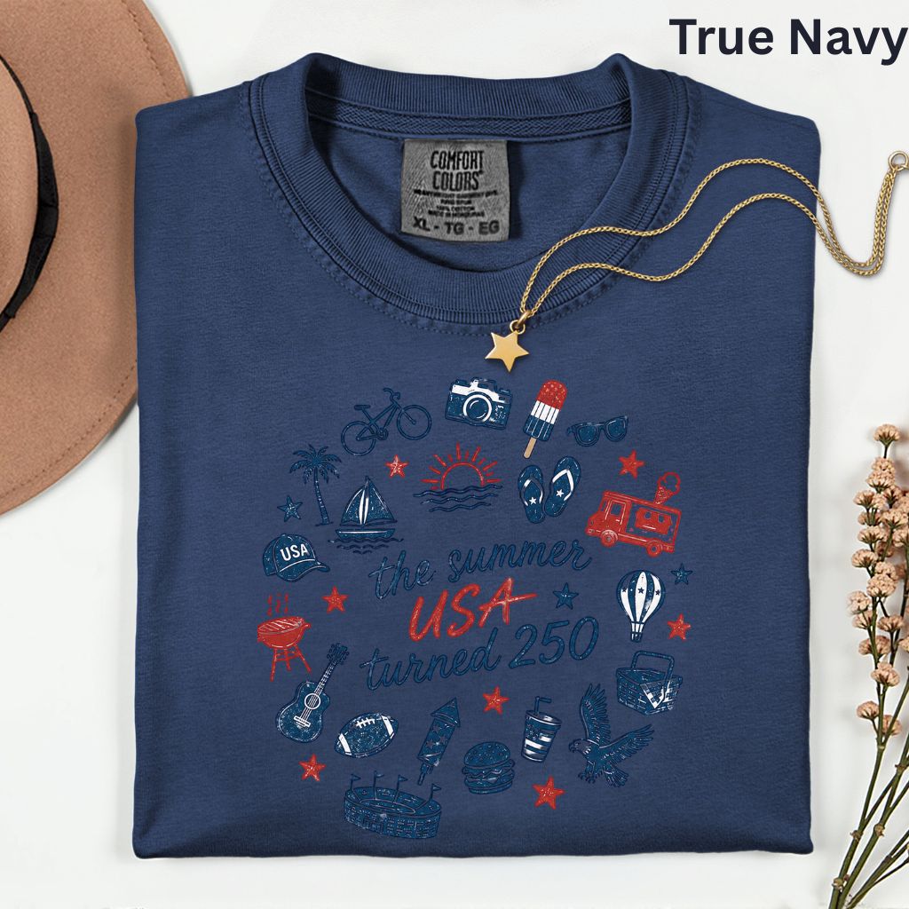 The Summer USA Turned 250 DTF Transfer Ready to Press Comfort Colors T Shirt Patriotic Summer Doodles Heat Stickers 1776 2026 Apparel
