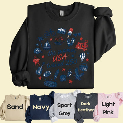 The Summer USA Turned 250 DTF Transfer Ready to Press Comfort Colors T Shirt Patriotic Summer Doodles Heat Stickers 1776 2026 Apparel