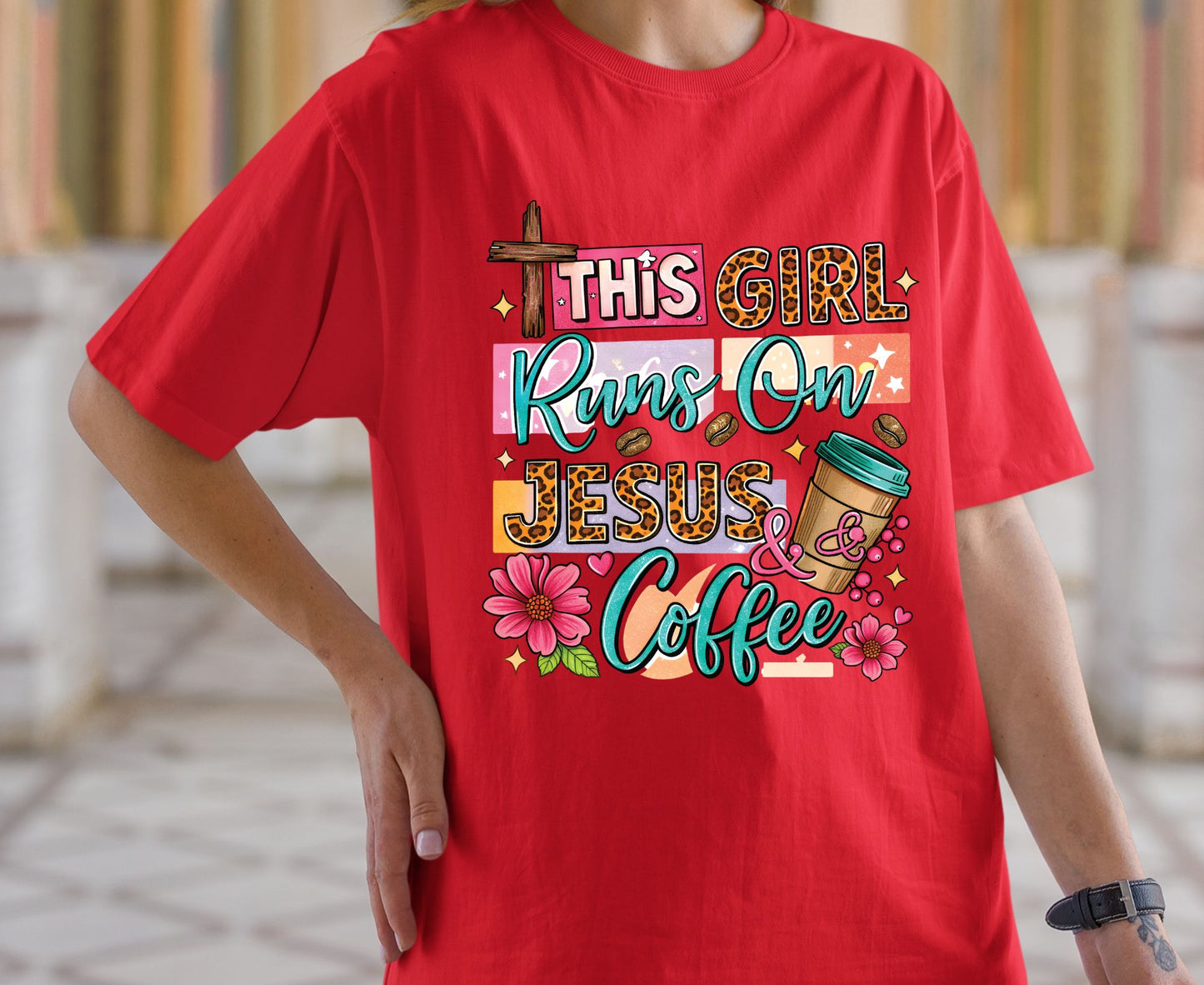This Girl Runs On Jesus & Coffee T Shirt Christian Women Tee Leopard Print Faith Shirt Adult Youth Toddler Baby Floral Jesus Coffee Gift