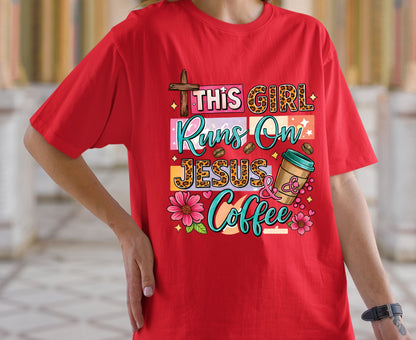 This Girl Runs On Jesus & Coffee T Shirt Christian Women Tee Leopard Print Faith Shirt Adult Youth Toddler Baby Floral Jesus Coffee Gift