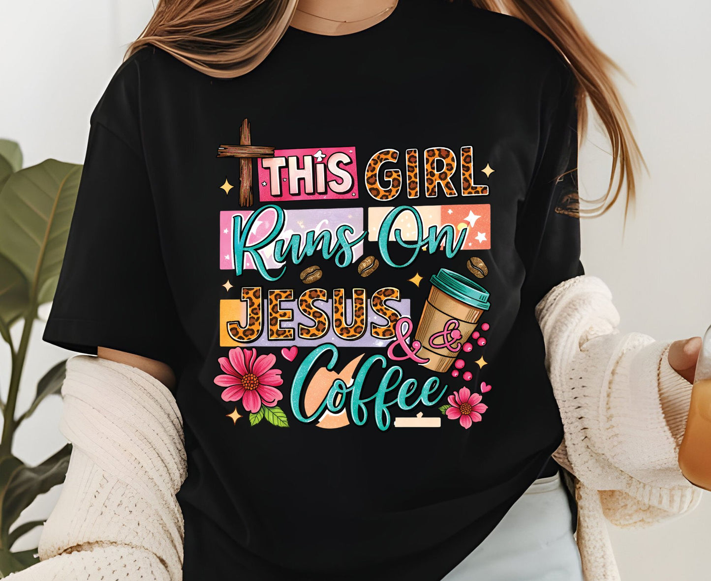 This Girl Runs On Jesus & Coffee T Shirt Christian Women Tee Leopard Print Faith Shirt Adult Youth Toddler Baby Floral Jesus Coffee Gift