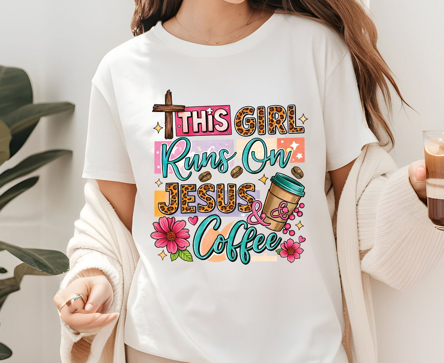 This Girl Runs On Jesus & Coffee T Shirt Christian Women Tee Leopard Print Faith Shirt Adult Youth Toddler Baby Floral Jesus Coffee Gift