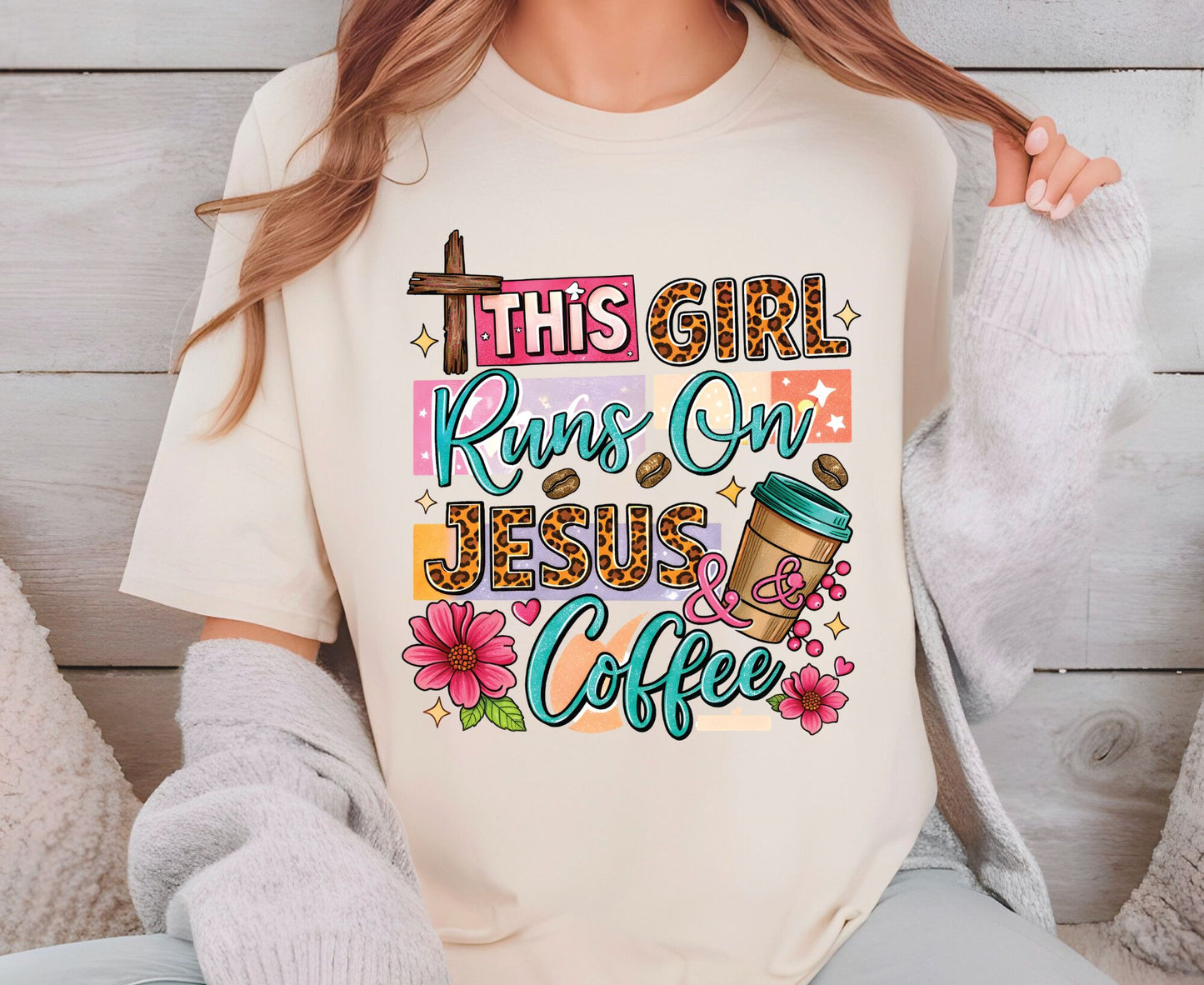 This Girl Runs On Jesus & Coffee T Shirt Christian Women Tee Leopard Print Faith Shirt Adult Youth Toddler Baby Floral Jesus Coffee Gift
