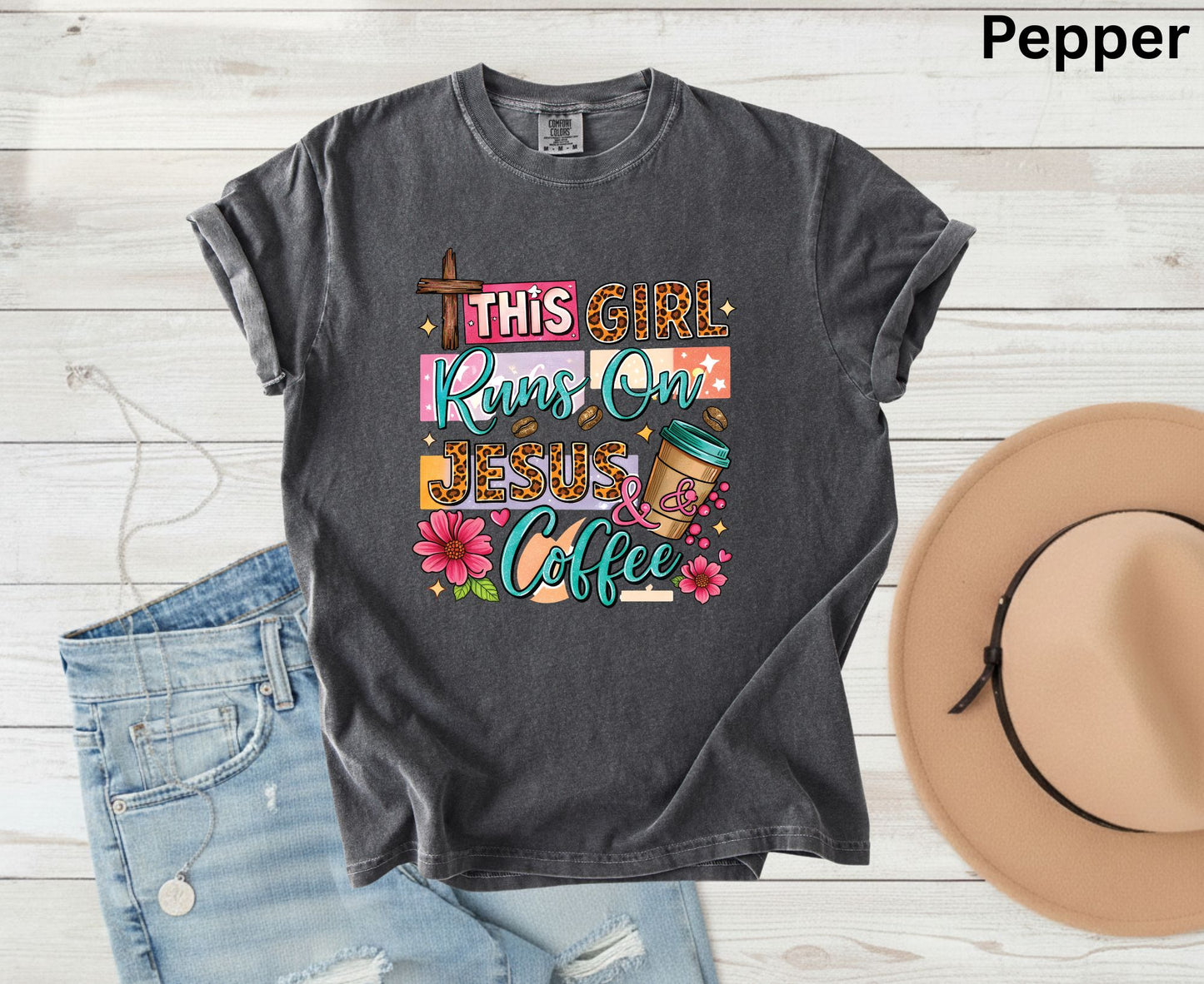 This Girl Runs On Jesus & Coffee T Shirt Christian Women Tee Leopard Print Faith Shirt Adult Youth Toddler Baby Floral Jesus Coffee Gift