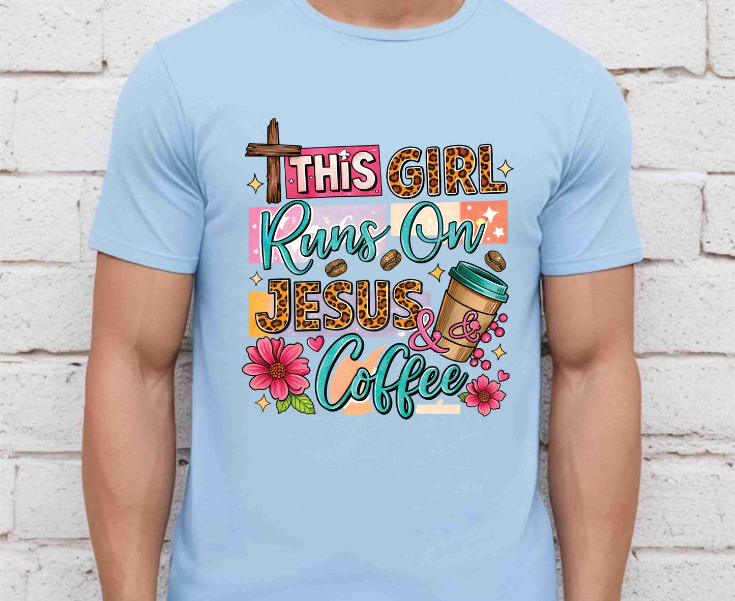 This Girl Runs On Jesus & Coffee T Shirt Christian Women Tee Leopard Print Faith Shirt Adult Youth Toddler Baby Floral Jesus Coffee Gift