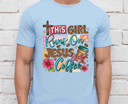 This Girl Runs On Jesus & Coffee T Shirt Christian Women Tee Leopard Print Faith Shirt Adult Youth Toddler Baby Floral Jesus Coffee Gift