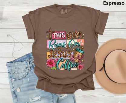 This Girl Runs On Jesus & Coffee T Shirt Christian Women Tee Leopard Print Faith Shirt Adult Youth Toddler Baby Floral Jesus Coffee Gift