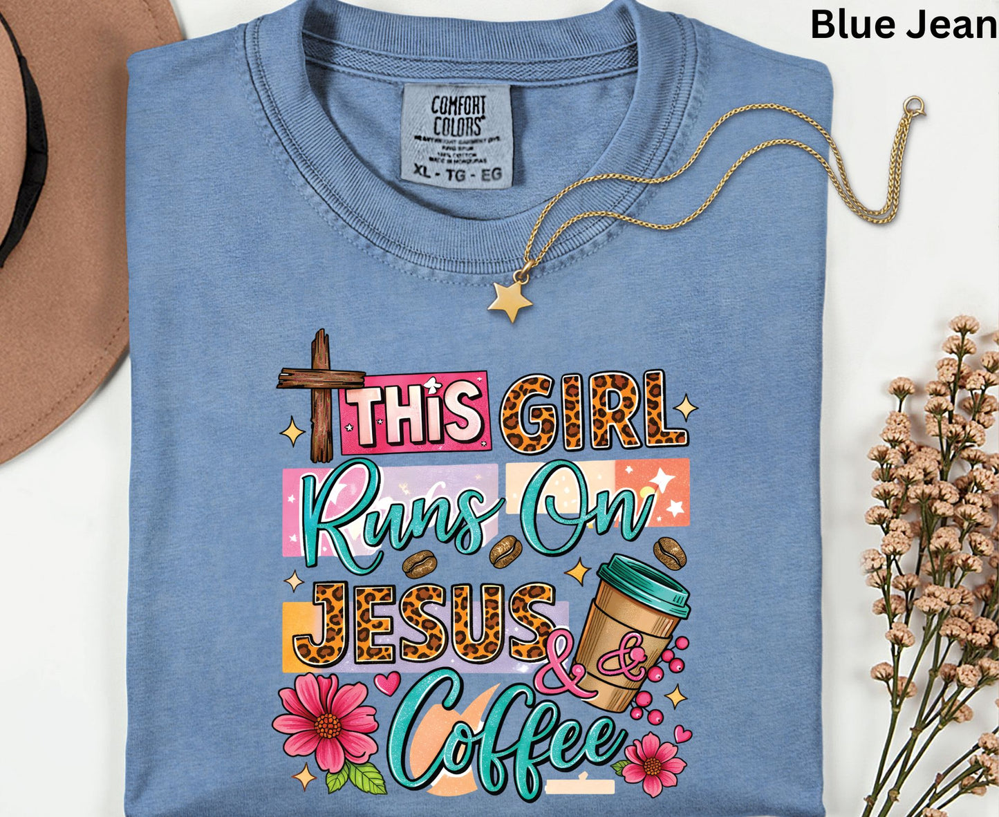 This Girl Runs On Jesus & Coffee T Shirt Christian Women Tee Leopard Print Faith Shirt Adult Youth Toddler Baby Floral Jesus Coffee Gift