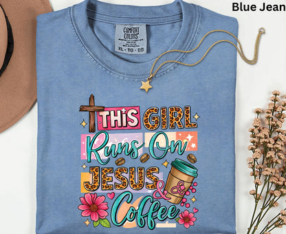 This Girl Runs On Jesus & Coffee T Shirt Christian Women Tee Leopard Print Faith Shirt Adult Youth Toddler Baby Floral Jesus Coffee Gift