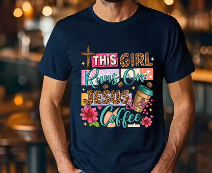 This Girl Runs On Jesus & Coffee T Shirt Christian Women Tee Leopard Print Faith Shirt Adult Youth Toddler Baby Floral Jesus Coffee Gift