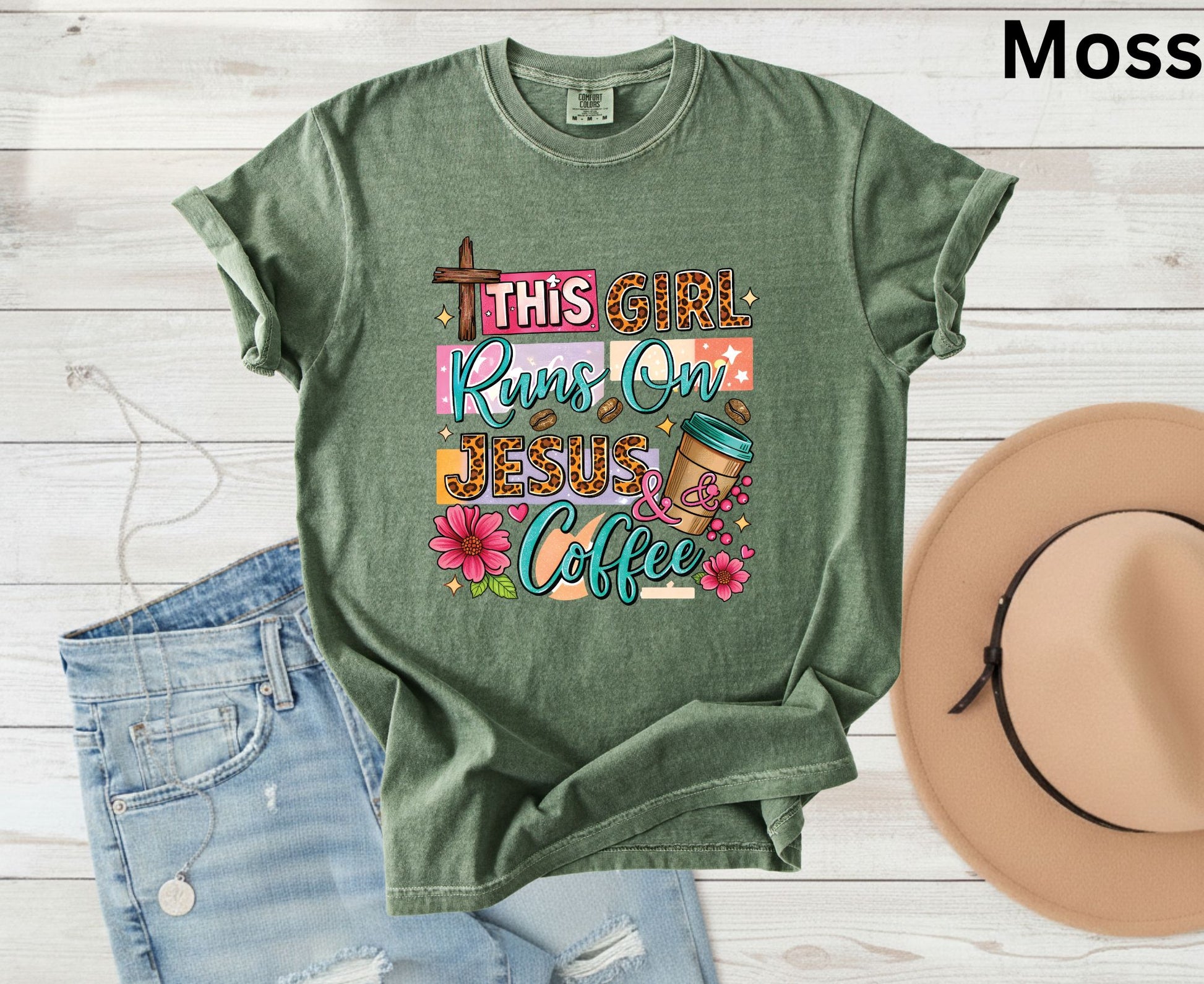 This Girl Runs On Jesus & Coffee T Shirt Christian Women Tee Leopard Print Faith Shirt Adult Youth Toddler Baby Floral Jesus Coffee Gift