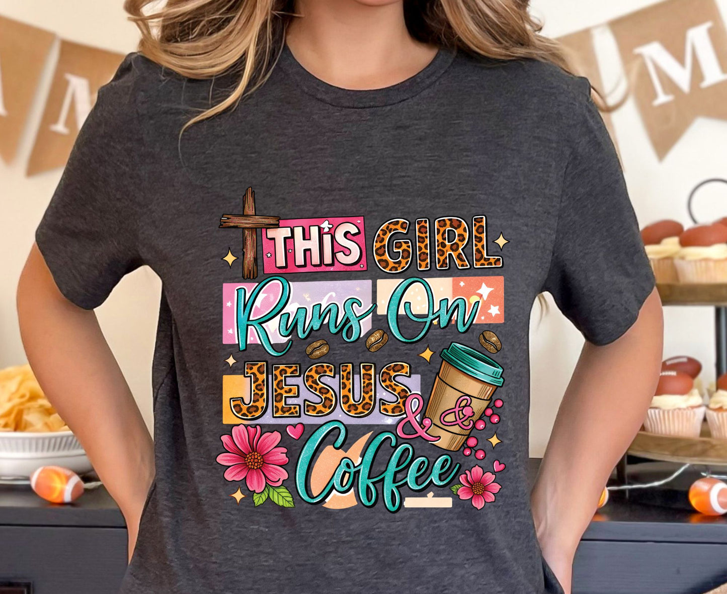 This Girl Runs On Jesus & Coffee T Shirt Christian Women Tee Leopard Print Faith Shirt Adult Youth Toddler Baby Floral Jesus Coffee Gift