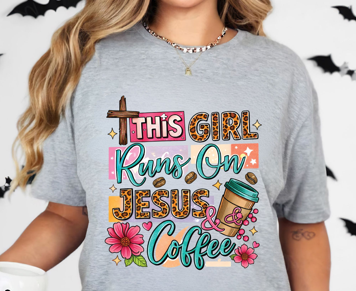 This Girl Runs On Jesus & Coffee T Shirt Christian Women Tee Leopard Print Faith Shirt Adult Youth Toddler Baby Floral Jesus Coffee Gift