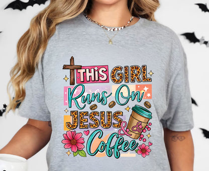 This Girl Runs On Jesus & Coffee T Shirt Christian Women Tee Leopard Print Faith Shirt Adult Youth Toddler Baby Floral Jesus Coffee Gift