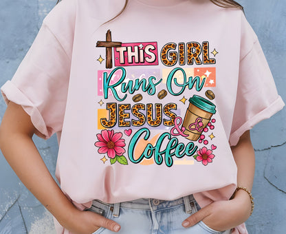 This Girl Runs On Jesus & Coffee T Shirt Christian Women Tee Leopard Print Faith Shirt Adult Youth Toddler Baby Floral Jesus Coffee Gift