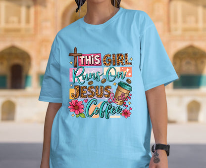 This Girl Runs On Jesus & Coffee T Shirt Christian Women Tee Leopard Print Faith Shirt Adult Youth Toddler Baby Floral Jesus Coffee Gift