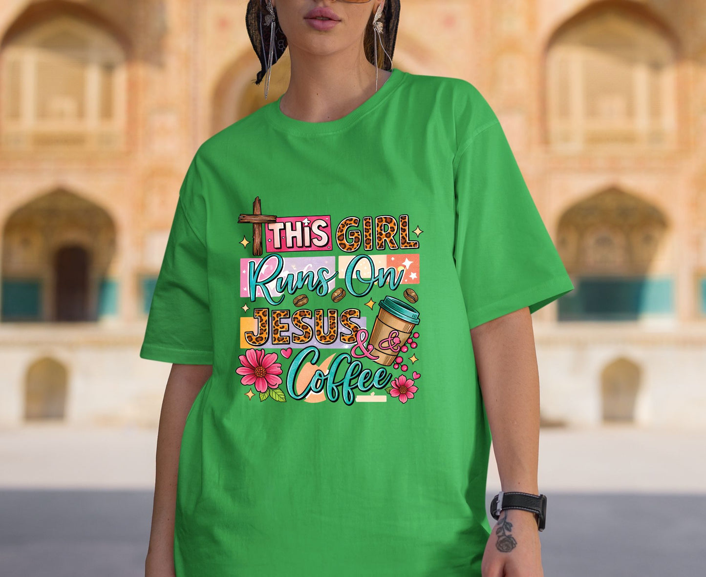 This Girl Runs On Jesus & Coffee T Shirt Christian Women Tee Leopard Print Faith Shirt Adult Youth Toddler Baby Floral Jesus Coffee Gift