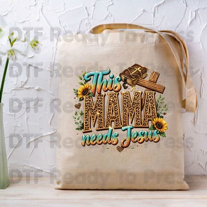 This Mama Needs Jesus Leopard Print DTF Transfer Ready to Press Christian Mother's Day UV DTF Sticker Western Sunflower Cross Bible Heat Transfer for Shirts