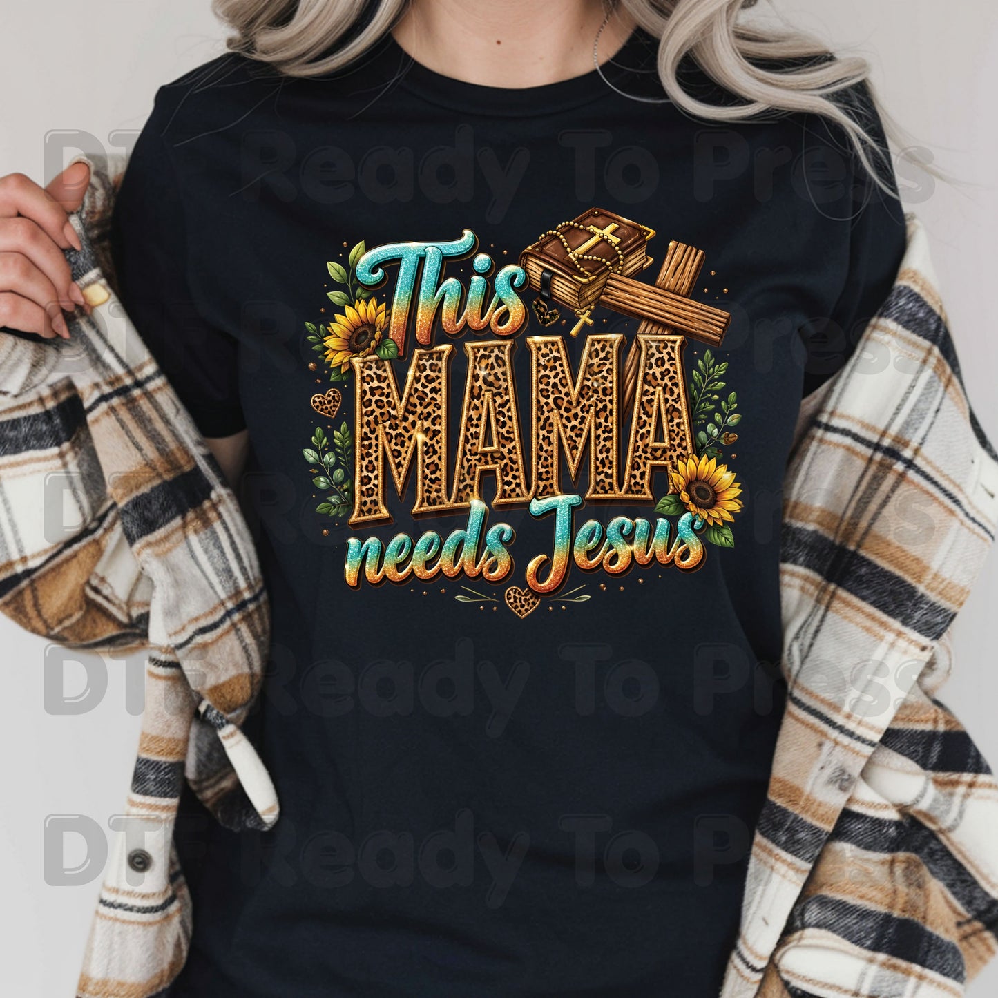 This Mama Needs Jesus Leopard Print DTF Transfer Ready to Press Christian Mother's Day UV DTF Sticker Western Sunflower Cross Bible Heat Transfer for Shirts