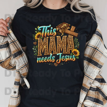 This Mama Needs Jesus Leopard Print DTF Transfer Ready to Press Christian Mother's Day UV DTF Sticker Western Sunflower Cross Bible Heat Transfer for Shirts