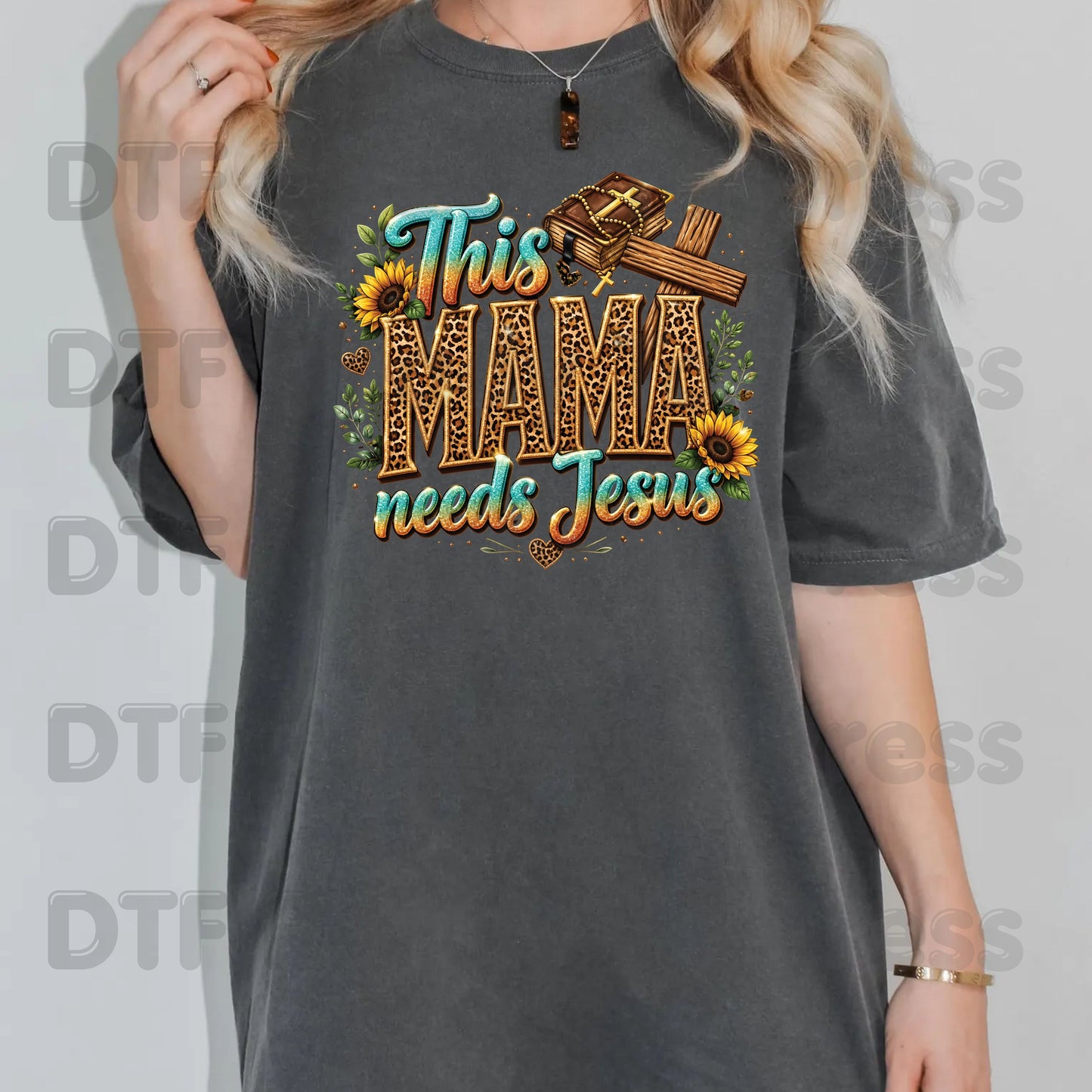 This Mama Needs Jesus Leopard Print DTF Transfer Ready to Press Christian Mother's Day UV DTF Sticker Western Sunflower Cross Bible Heat Transfer for Shirts