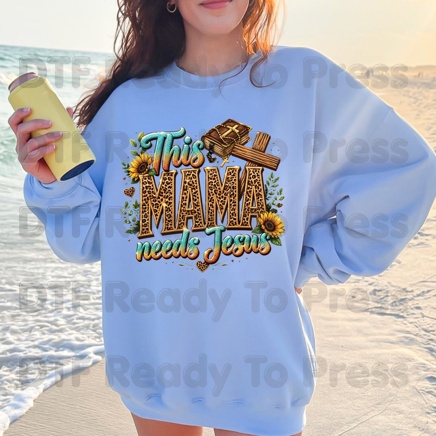 This Mama Needs Jesus Leopard Print DTF Transfer Ready to Press Christian Mother's Day UV DTF Sticker Western Sunflower Cross Bible Heat Transfer for Shirts