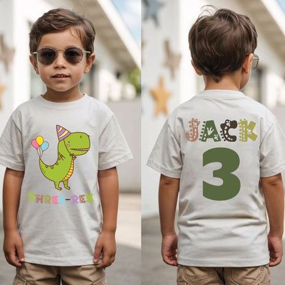 Three-Rex 3rd Birthday Shirt Custom Dinosaur Toddler Tee Three Rex Kids Party Outfit 3 Year Old Childrens Birthday Gift with Back Print