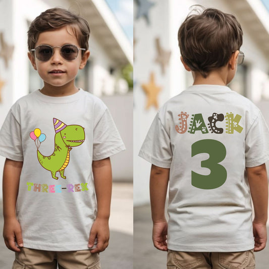 Three-Rex 3rd Birthday Shirt Custom Dinosaur Toddler Tee Three Rex Kids Party Outfit 3 Year Old Childrens Birthday Gift with Back Print