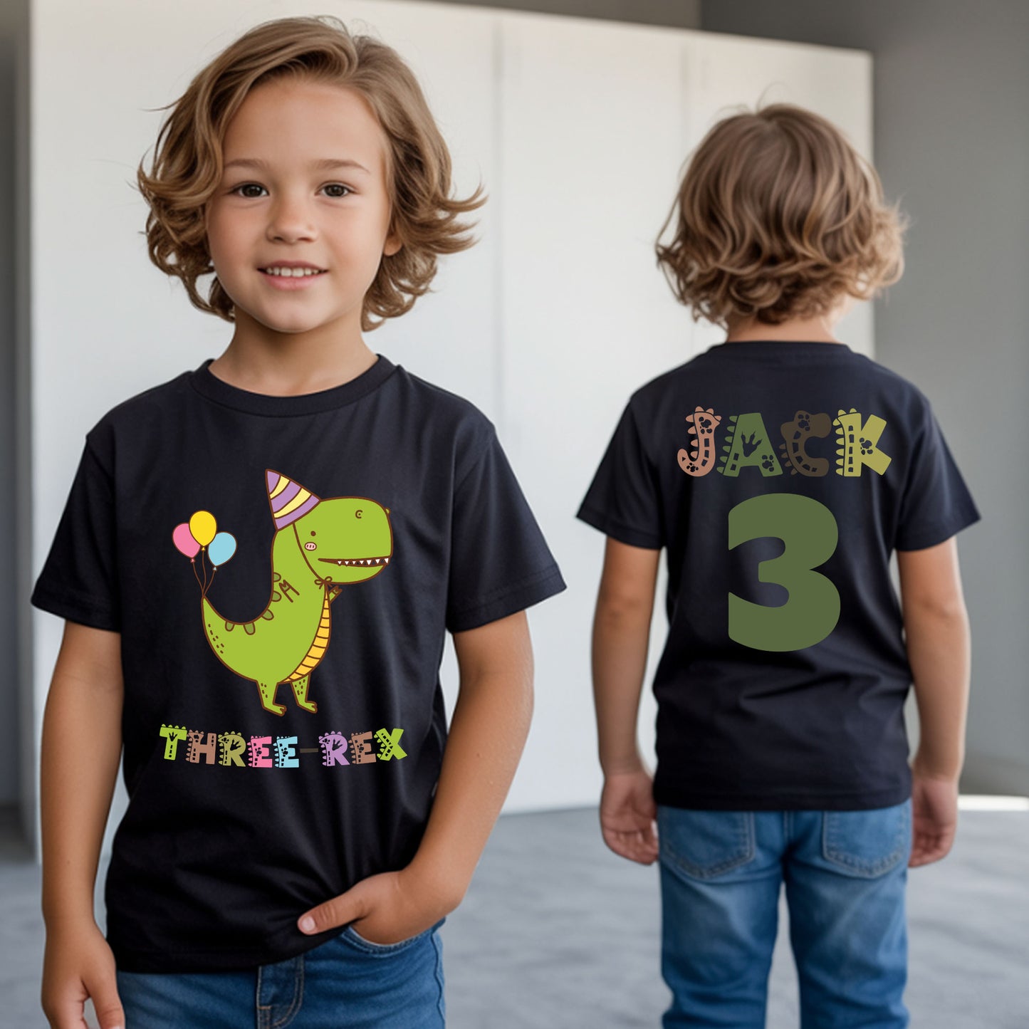 Three-Rex 3rd Birthday Shirt Custom Dinosaur Toddler Tee Three Rex Kids Party Outfit 3 Year Old Childrens Birthday Gift with Back Print