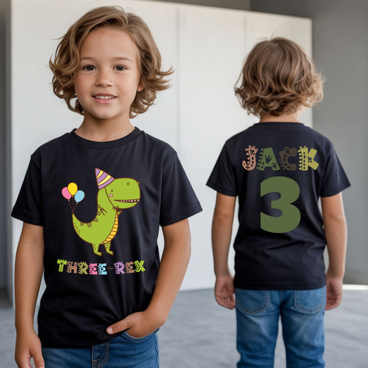 Three-Rex 3rd Birthday Shirt Custom Dinosaur Toddler Tee Three Rex Kids Party Outfit 3 Year Old Childrens Birthday Gift with Back Print