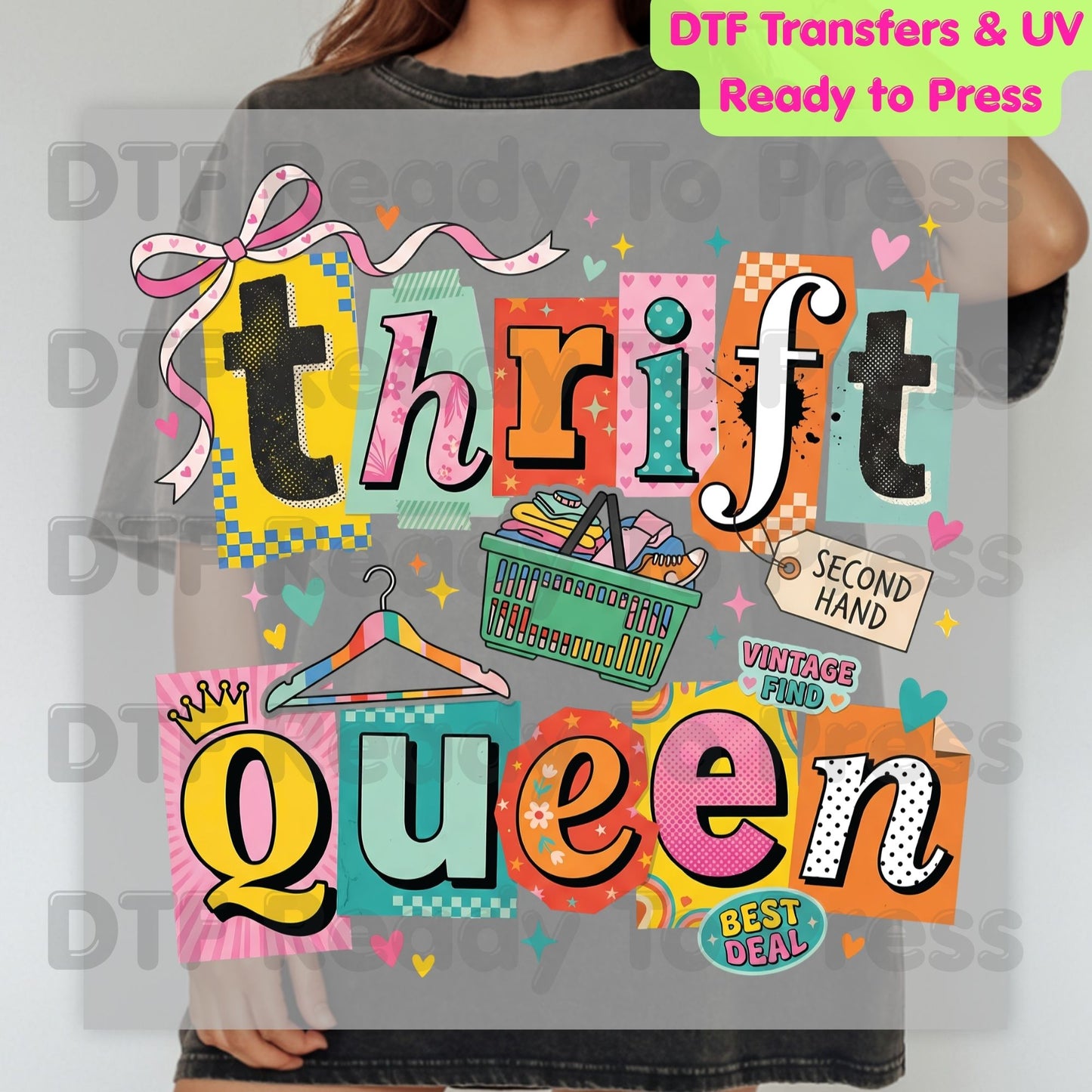 Thrift Queen DTF Transfer Ready to Press Retro Ransom Note Vintage Find Heat Transfer For Shirts Second Hand Shopping UV Sticker Prints