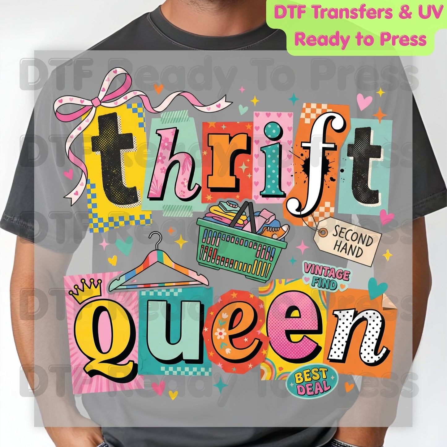 Thrift Queen DTF Transfer Ready to Press Retro Ransom Note Vintage Find Heat Transfer For Shirts Second Hand Shopping UV Sticker Prints