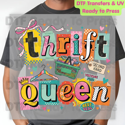 Thrift Queen DTF Transfer Ready to Press Retro Ransom Note Vintage Find Heat Transfer For Shirts Second Hand Shopping UV Sticker Prints