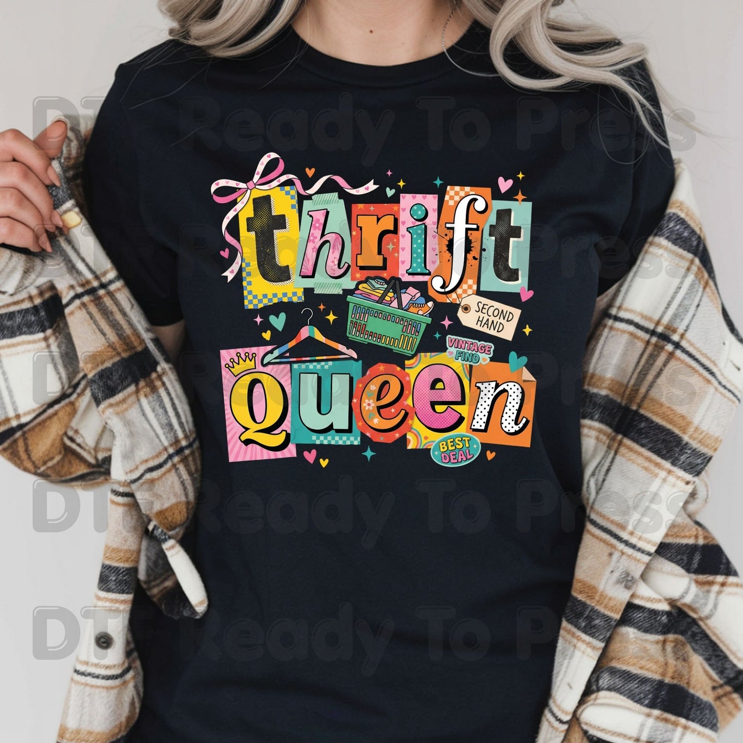Thrift Queen DTF Transfer Ready to Press Retro Ransom Note Vintage Find Heat Transfer For Shirts Second Hand Shopping UV Sticker Prints