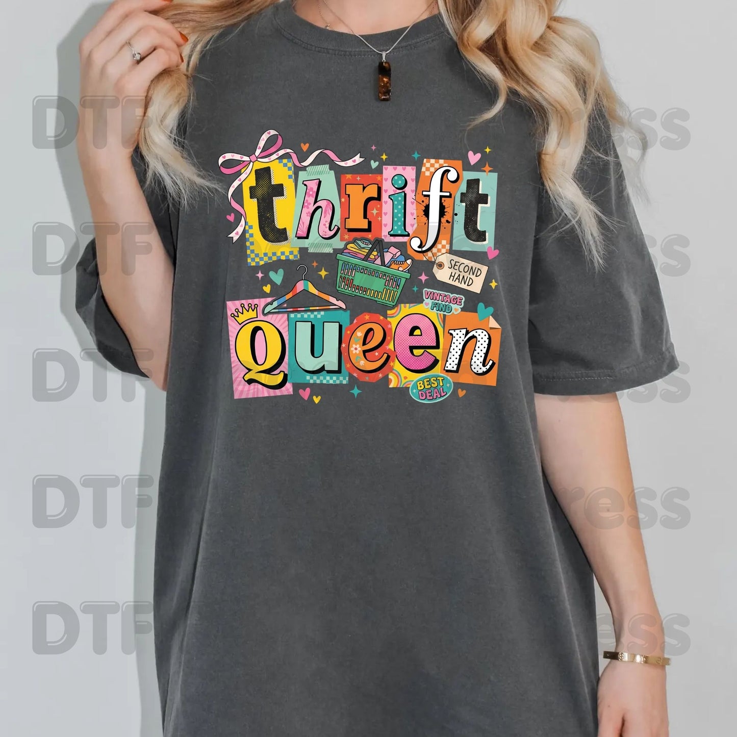 Thrift Queen DTF Transfer Ready to Press Retro Ransom Note Vintage Find Heat Transfer For Shirts Second Hand Shopping UV Sticker Prints