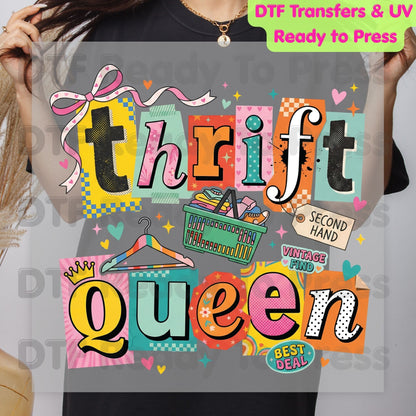 Thrift Queen DTF Transfer Ready to Press Retro Ransom Note Vintage Find Heat Transfer For Shirts Second Hand Shopping UV Sticker Prints