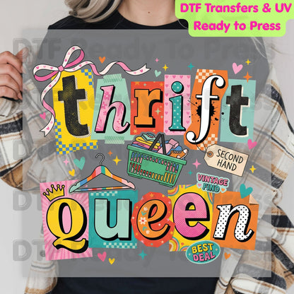 Thrift Queen DTF Transfer Ready to Press Retro Ransom Note Vintage Find Heat Transfer For Shirts Second Hand Shopping UV Sticker Prints