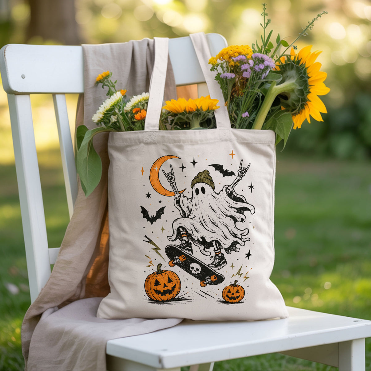 Halloween Skater Ghost Rock On T-Shirt, Skateboarding Skeleton Crescent Moon Pumpkins Bats Tee