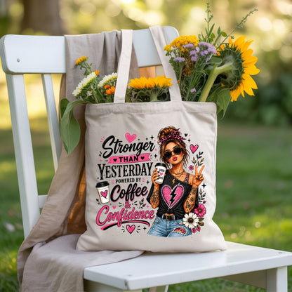 Stronger Than Yesterday Messy Bun Coffee Girl T-Shirt, Pink Hearts Inspirational Tee