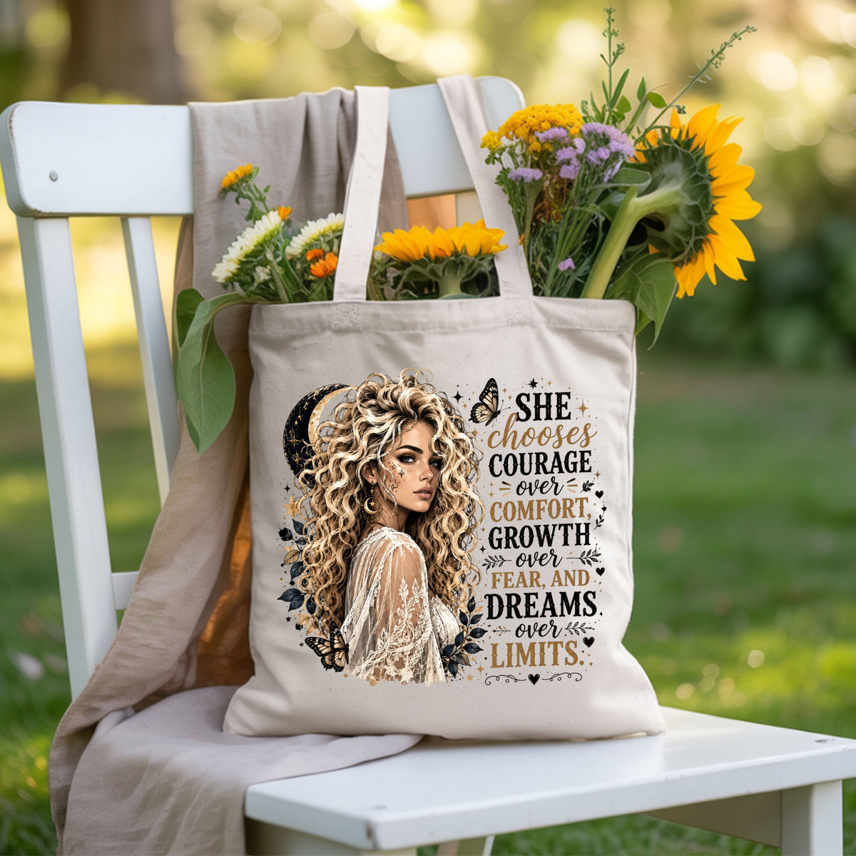 She Chooses Courage Inspirational T-Shirt, Blonde Woman Butterfly Crescent Moon Tee Sweatshirt