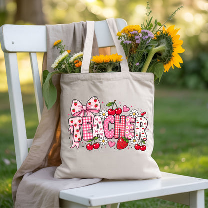 Teacher Coquette Pink T-Shirt, Strawberries Cherries Bow School Educator Tee