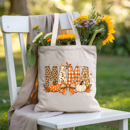 Fall Mama Pumpkin Leopard Plaid T-Shirt, Varsity Letters Autumn Leaves Bow Thanksgiving Mom Tee