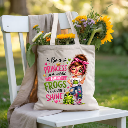 Be a Princess Frog Girl T-Shirt, Cute Messy Bun Pink Green Quote Tee