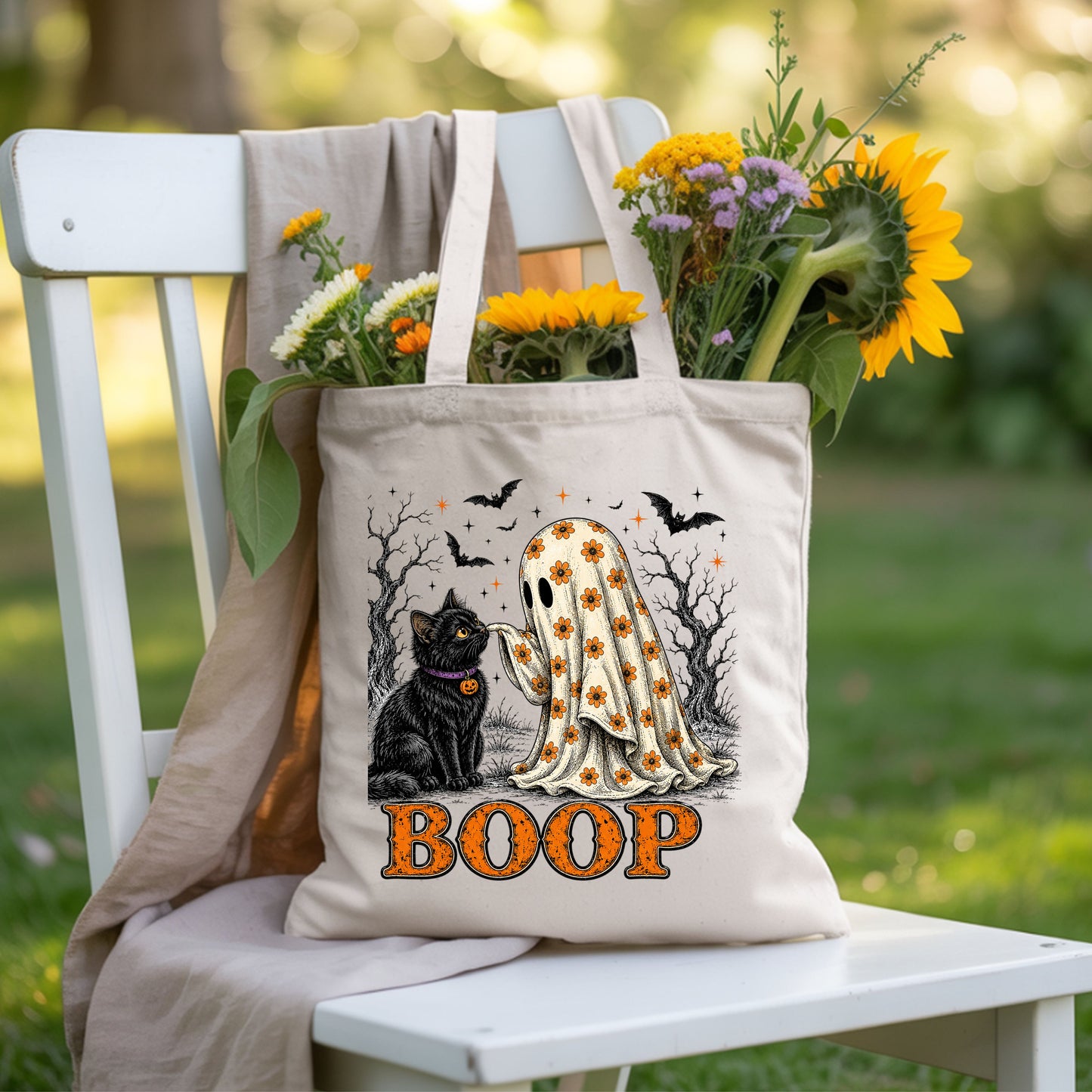 Halloween Cute Ghost Boop Black Cat T-Shirt, Floral Sheet Bats Spooky Season Tee