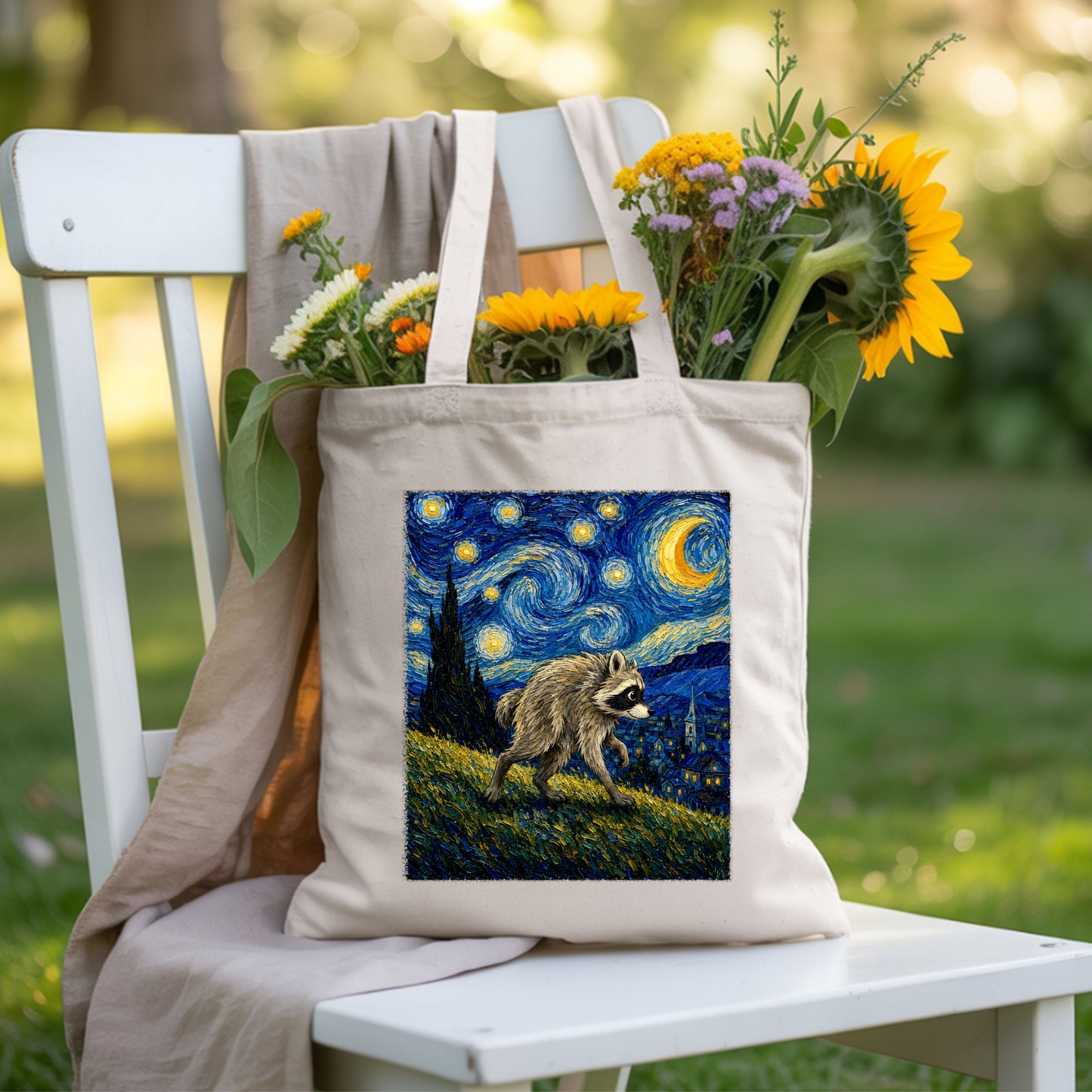 Starry Night Raccoon T-Shirt, Van Gogh Style Oil Painting Funny Wildlife Art Tee